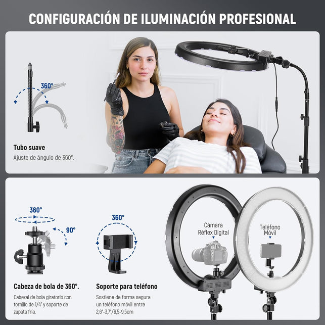 Aro de Luz con Trípode: 48cm 55W 5600K Regulable LED Anillo de Luz con Soporte para Móvil,